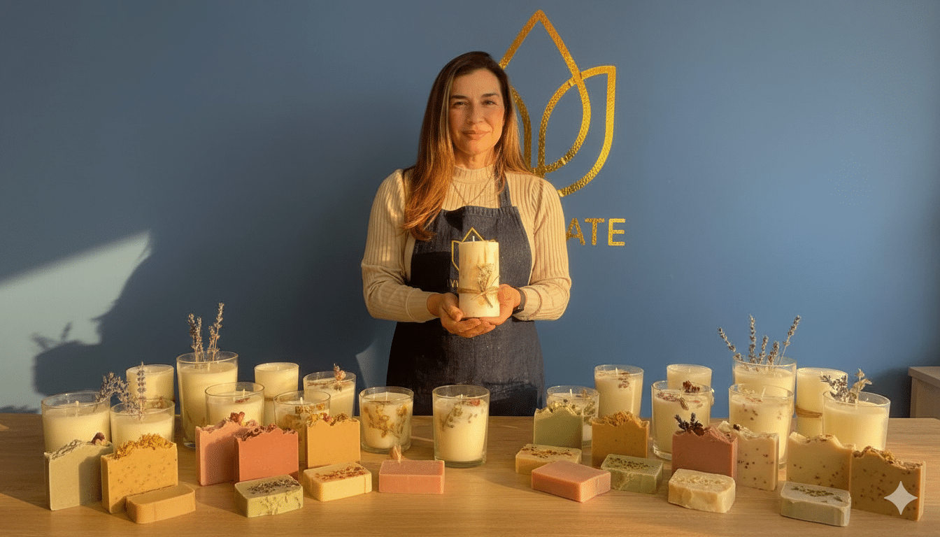 Fundadora de Iluminate mostrando velas y jabones artesanales elaborados con ceras naturales, aceites esenciales y flores secas.