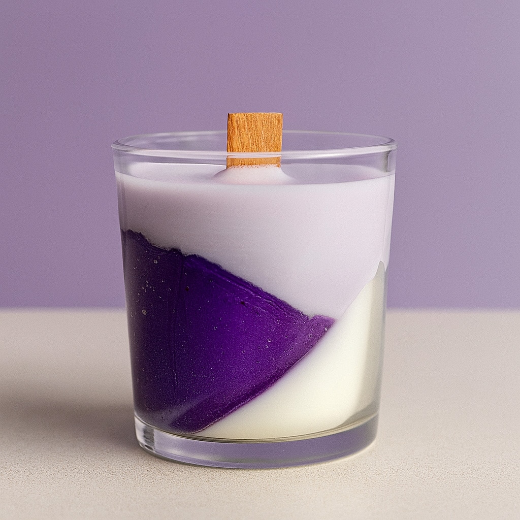 Vela artesanal con capas de arena de colores en frasco de vidrio sobre base de madera