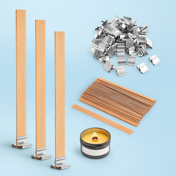 Pabilo de madera 13 cm x 2 cm Pabilos de madera de 13 cm con bases metálicas y una vela con pabilo de madera
